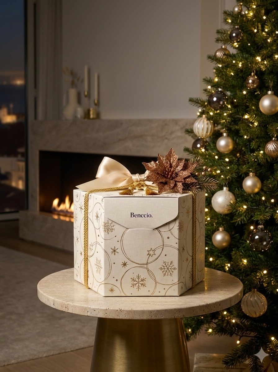 Caixa L'Esagono Benccio em White Universe, junto à árvore de Natal
