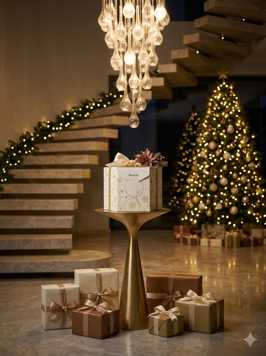 Caixa L'Esagono Benccio em White Universe, em pedestal dourado num hall de mansão decorado para o Natal.