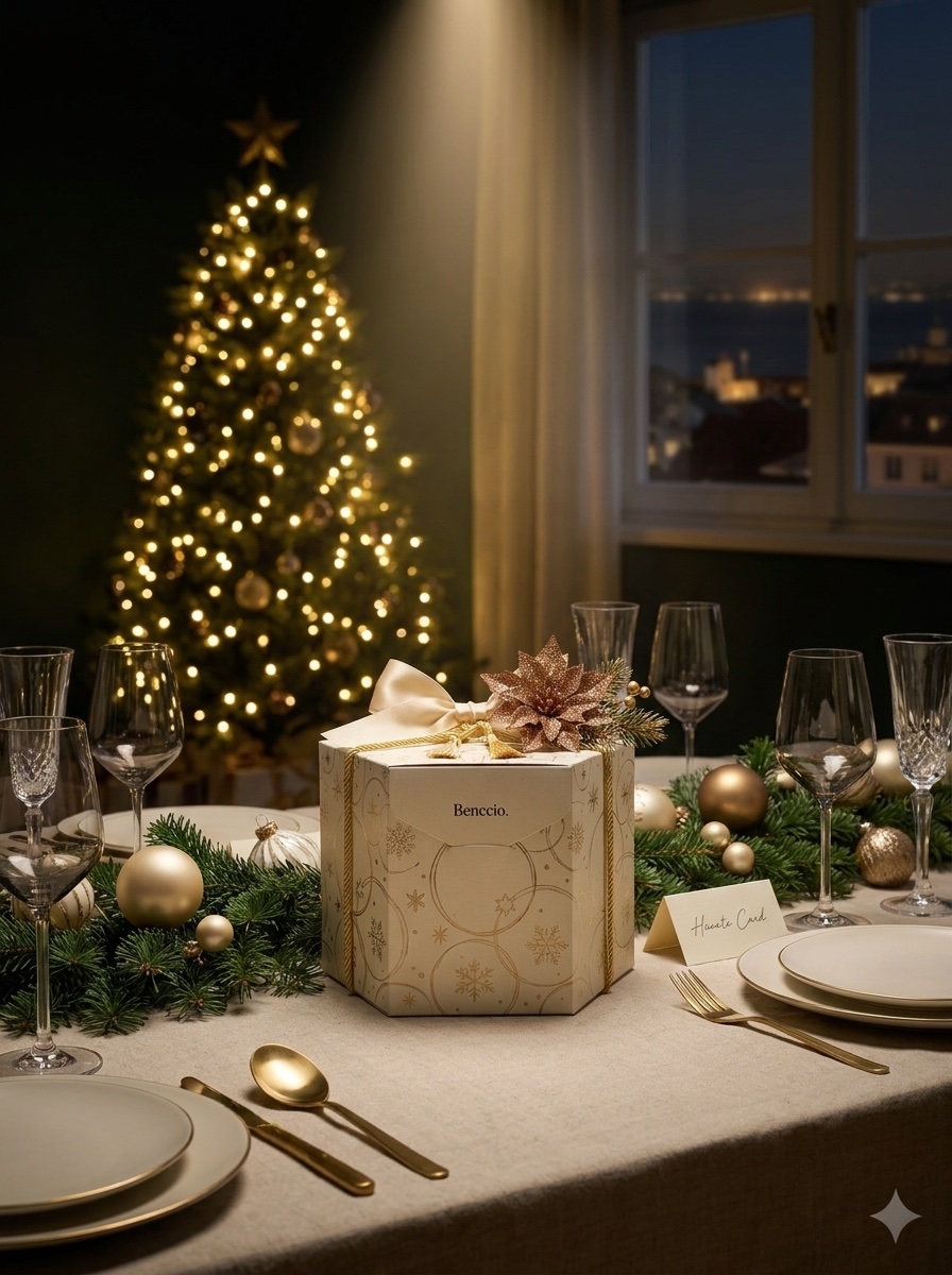 Caixa Benccio em White Universe sobre mesa de Natal posta: abrir uma Benccio como momento, não transacção