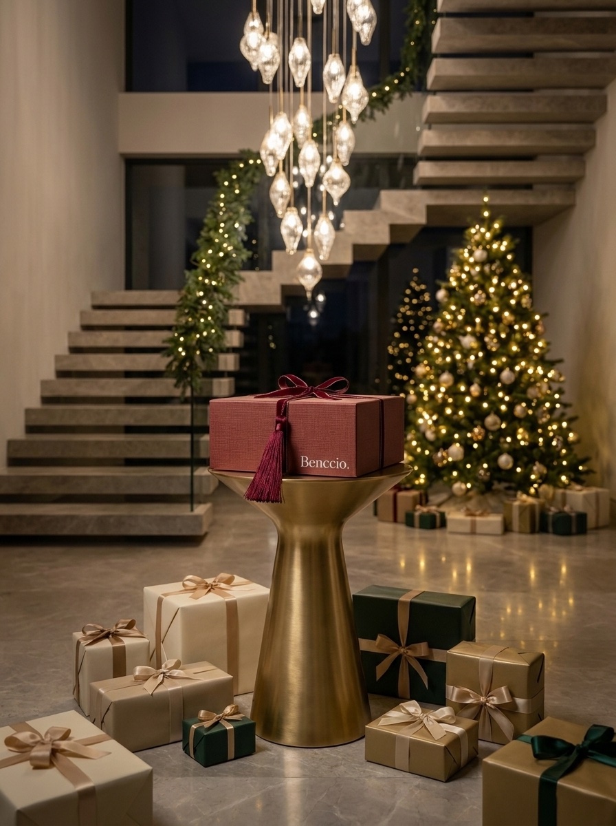 Caixa L'Atelier Benccio em bordeaux, em hall de mansão decorado para o Natal: presença corporativa