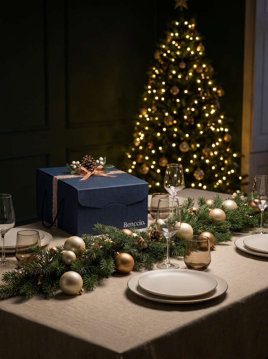 Caixa Il Segreto Benccio em Fibra Blu sobre mesa de Natal posta